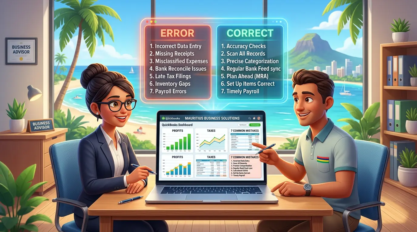7 Common QuickBooks Online Mistakes and How to Avoid Them — QuickBooks Tip guide for Mauritian businesses from Quick Focus